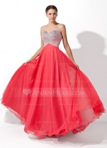 A-Line/Princess Sweetheart Floor-Length Tulle Charmeuse Prom Dress With Beading